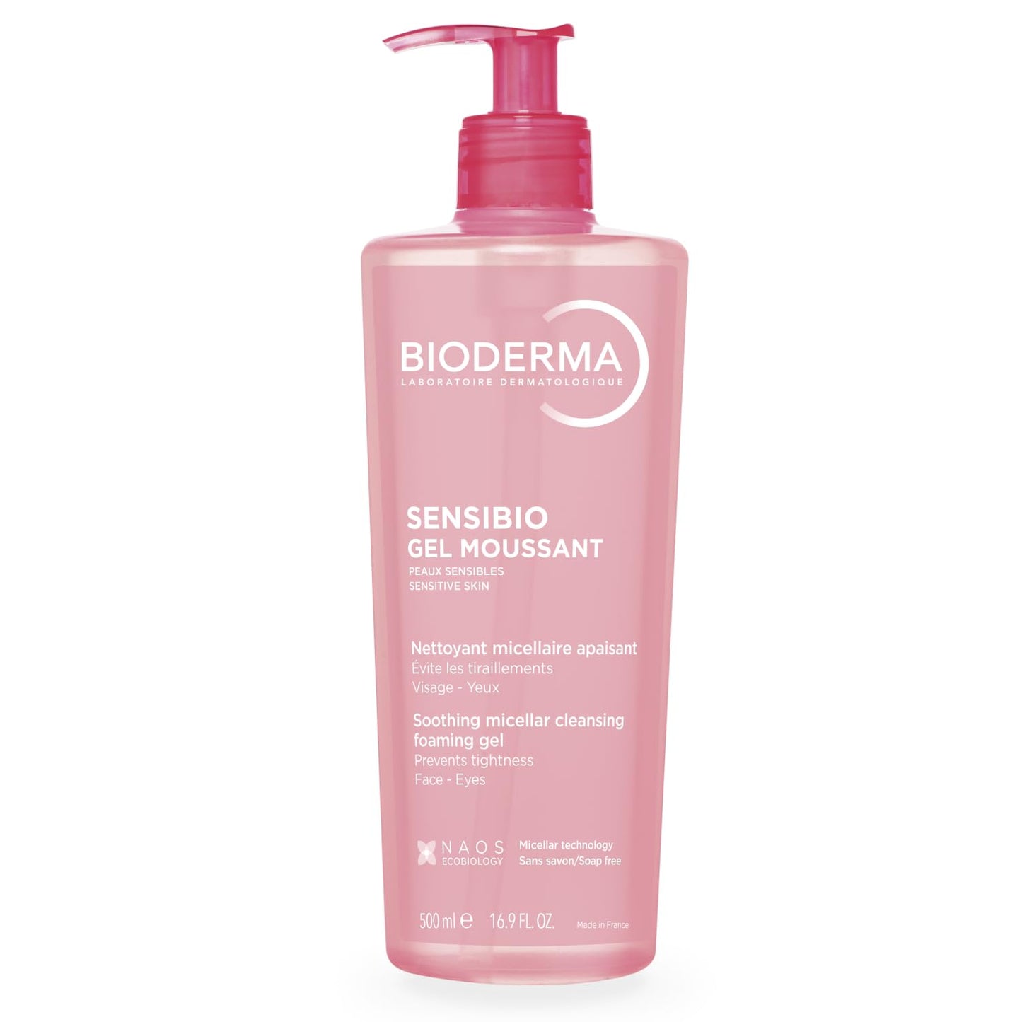Gel limpiador de 500 ml para pieles sensibles.
