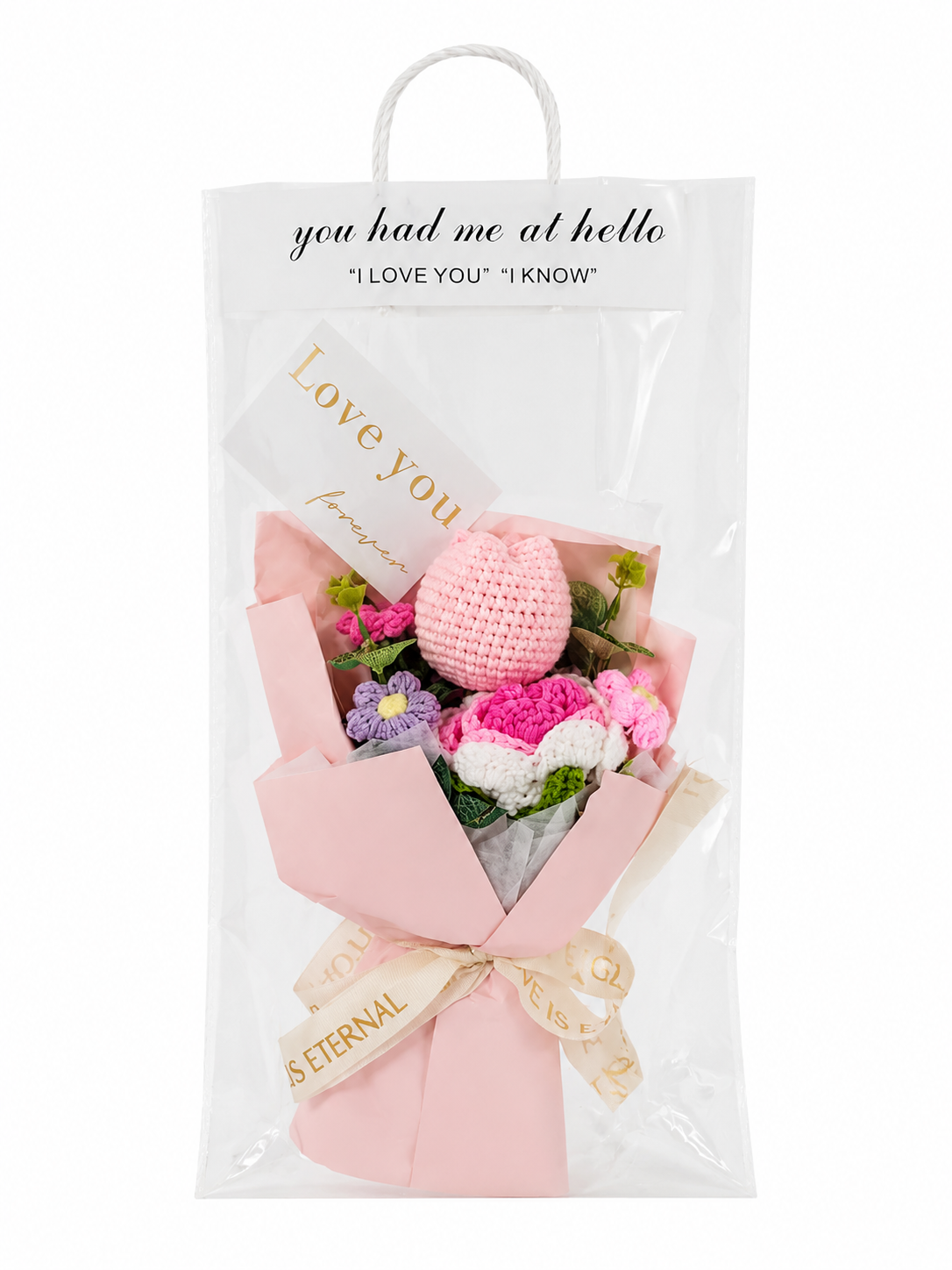 Ramo Tejido a Crochet con Flores Decorativas y Bolsa de Regalo.