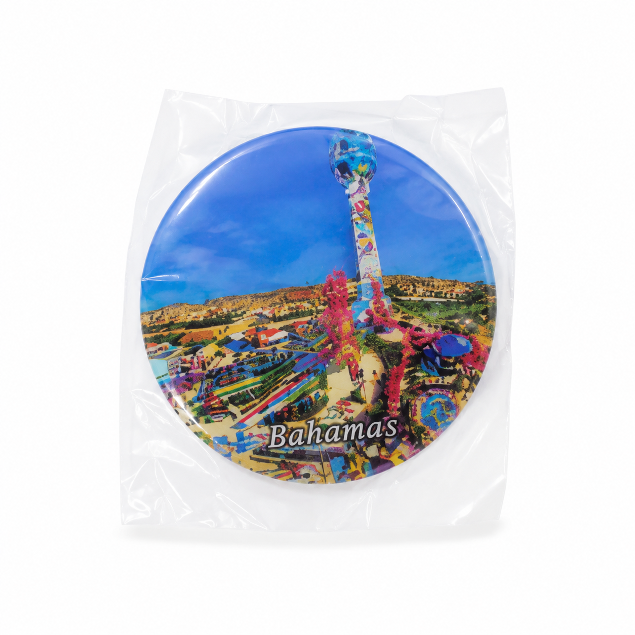 Imán decorativo redondo con paisaje turístico de Bahamas.
