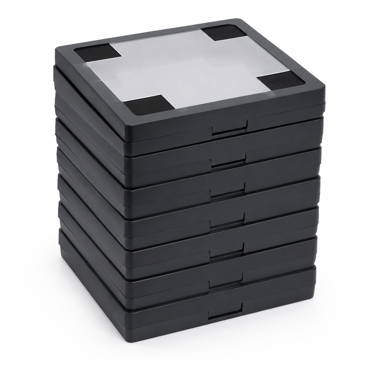 Juego de cajas cuadradas grandes apilables con tapa transparente para joyería y objetos de colección.