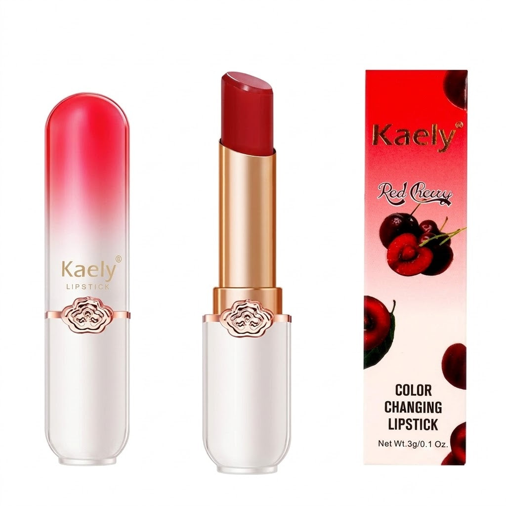 Lápiz labial Red Cherry cuenta con una fórmula que cambia de color según la temperatura y humedad de los labios.