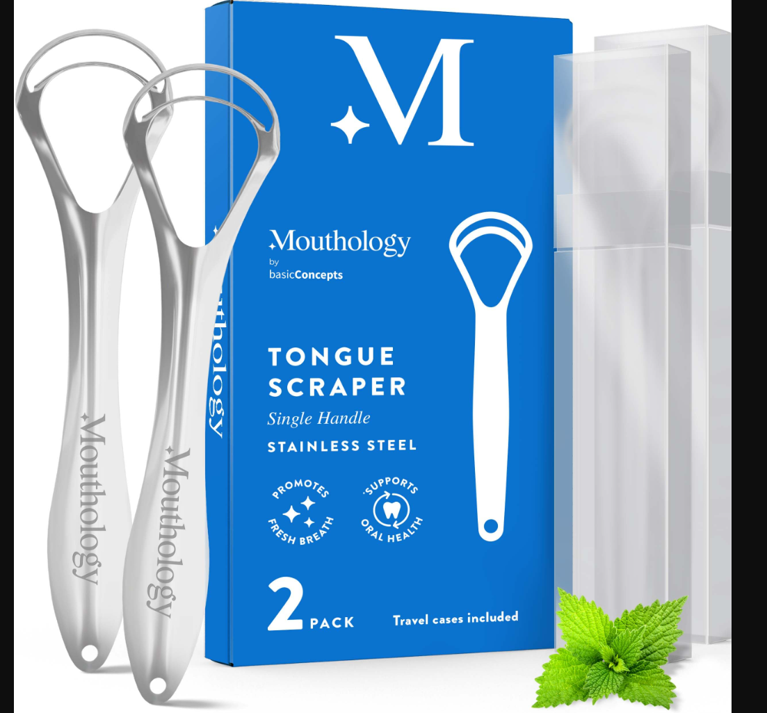 Paquete de 2 raspadores de lengua Mouthology de acero inoxidable con estuches de viaje incluidos.