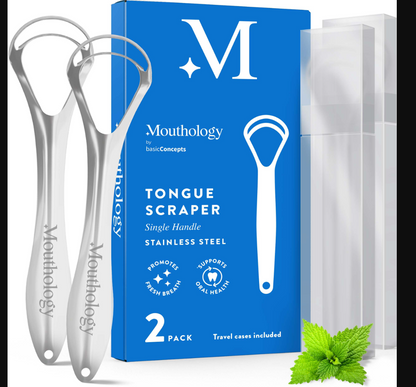 Paquete de 2 raspadores de lengua Mouthology de acero inoxidable con estuches de viaje incluidos.