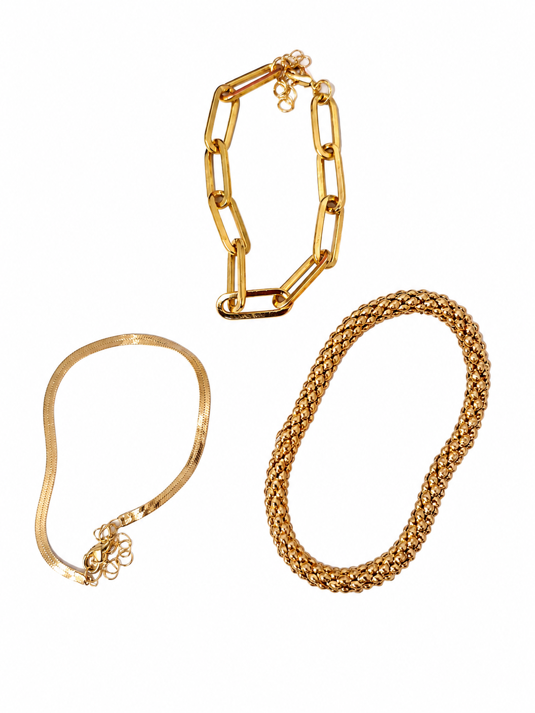 Set de Pulseras Doradas Elegantes para Mujer – Diseño Cadena, Herringbone y Trenzado Fashion.