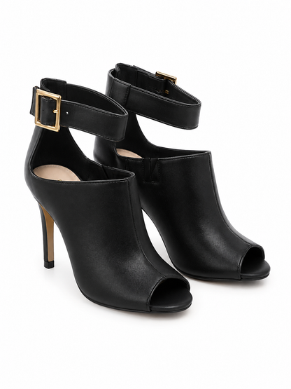 Zapatos de Tacón Negro con Punta Abierta y Correa al Tobillo Talla 41.