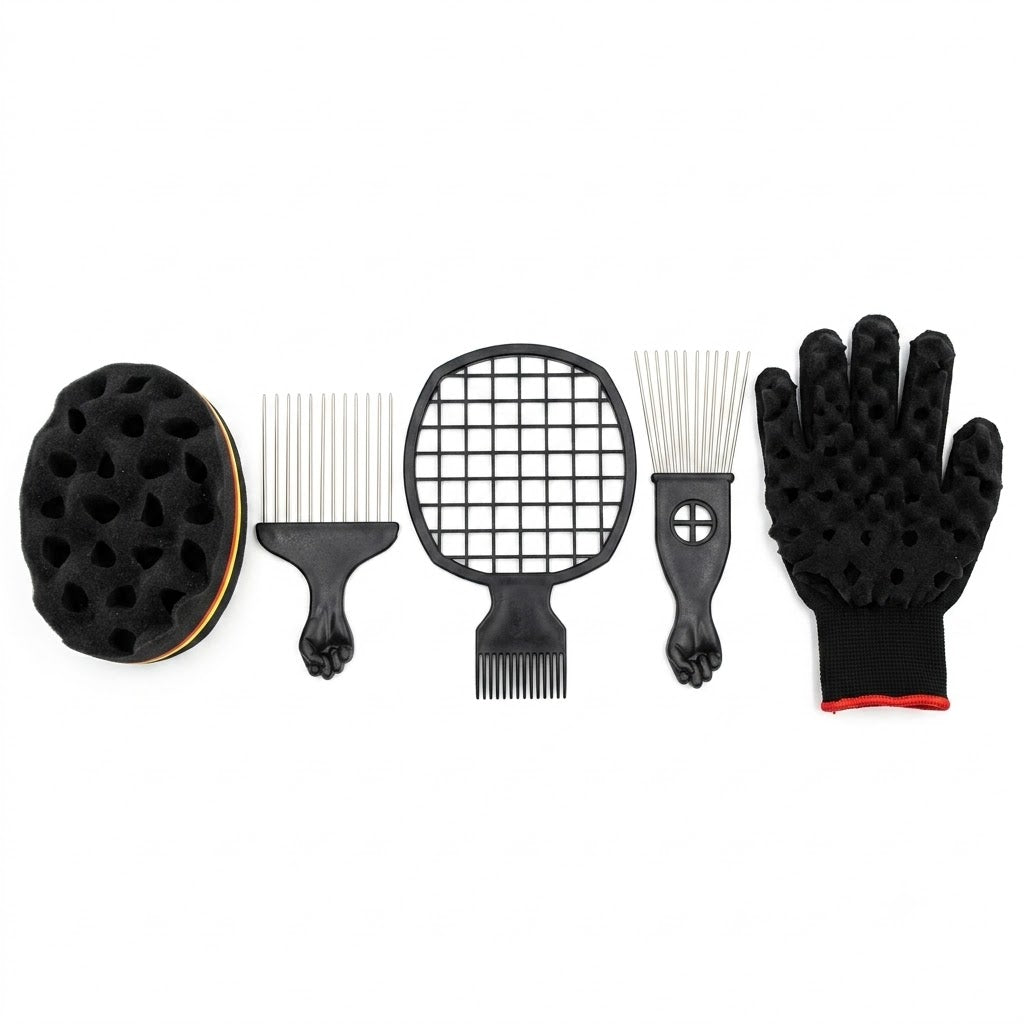 Juego de herramientas para peinar, con esponjas y peines, es ideal para definir rizos y crear estilos afro twist.