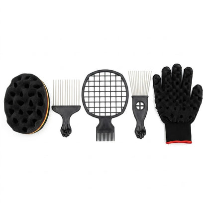 Juego de herramientas para peinar, con esponjas y peines, es ideal para definir rizos y crear estilos afro twist.