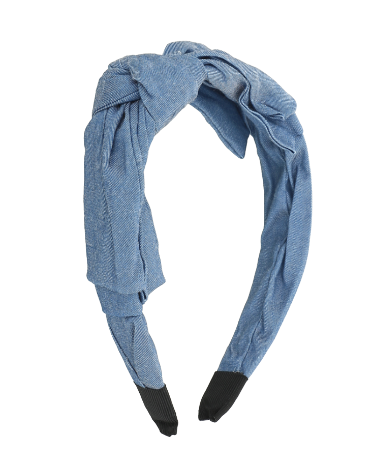 Cintillo de tela vaquera azul con nudo superior de estilo casual.