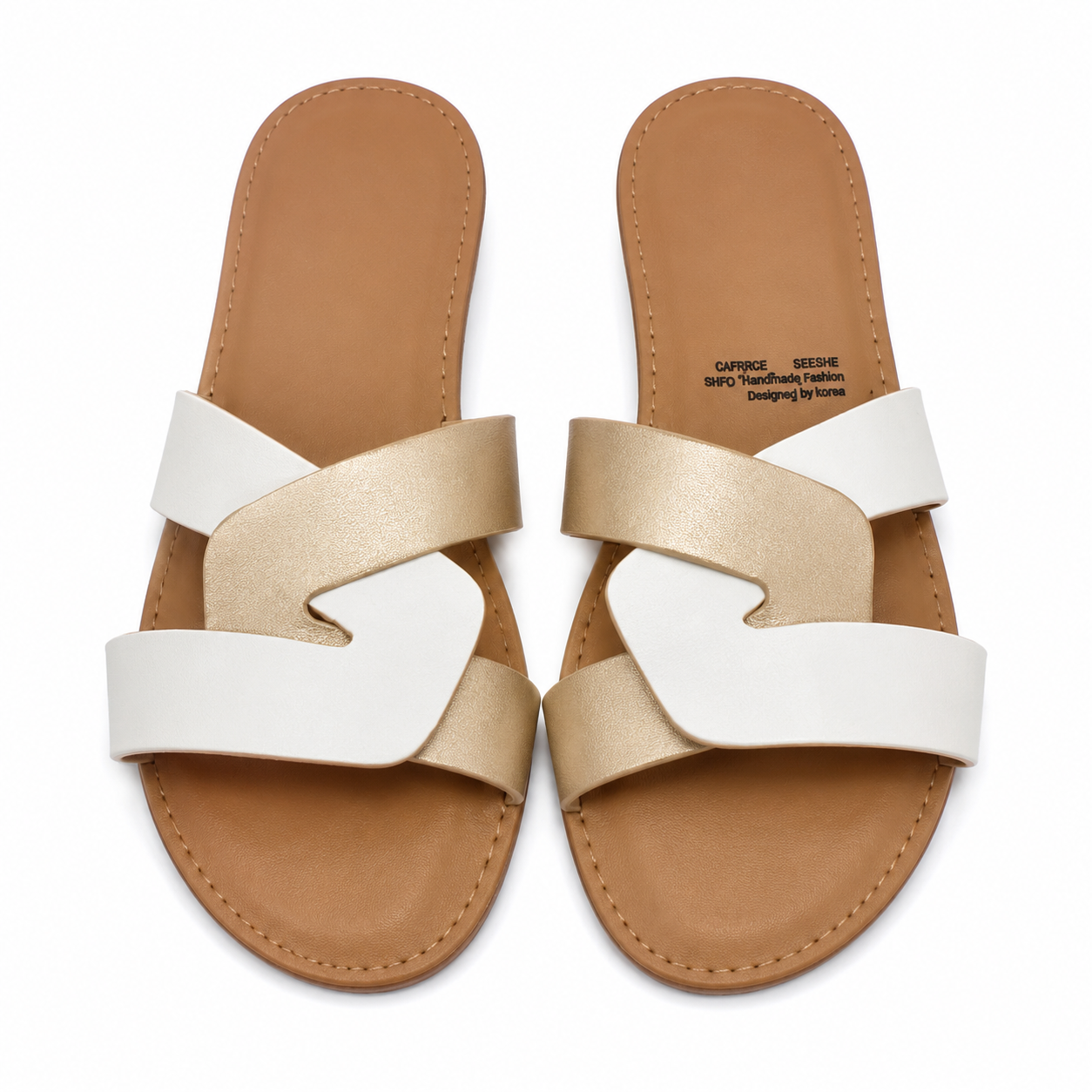 Sandalias Planas para Mujer con Tiras Entrelazadas Blancas y Doradas, Talla 35.