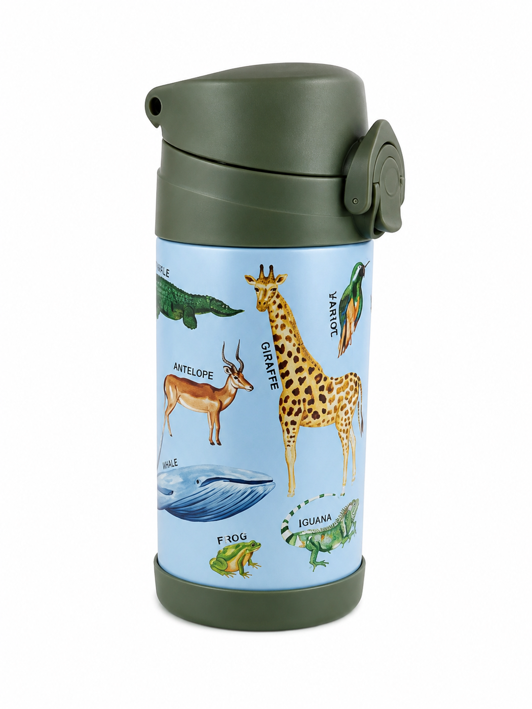 Botella Infantil Azul con Tapa Verde y Diseño Educativo de Animales.