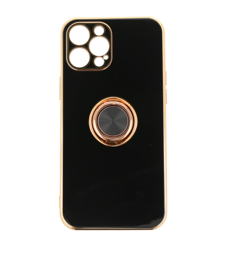 Case para iPhone 12 Pro max negro brillante con bordes dorados.