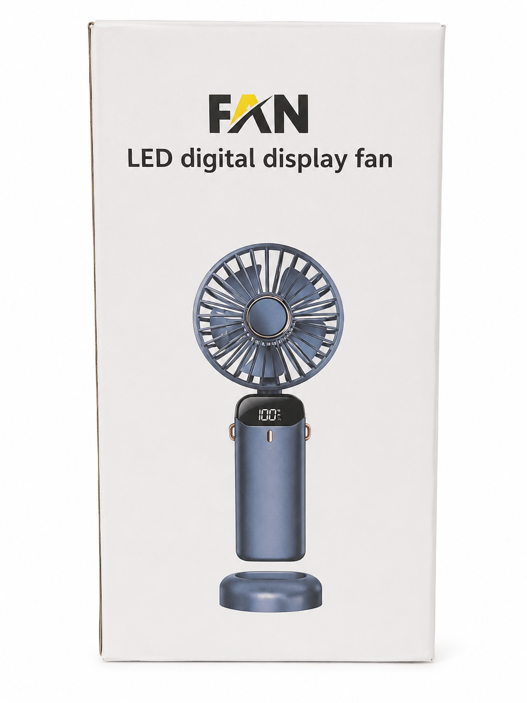 Ventilador portátil con pantalla digital LED recargable y base de carga.