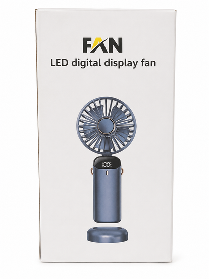 Ventilador portátil con pantalla digital LED recargable y base de carga.