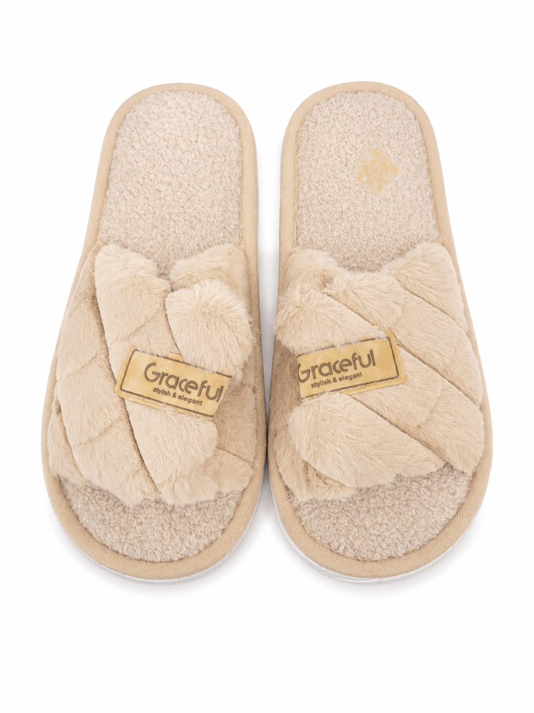Pantuflas afelpadas de casa con diseño cruzado color beige, talla 36–37.