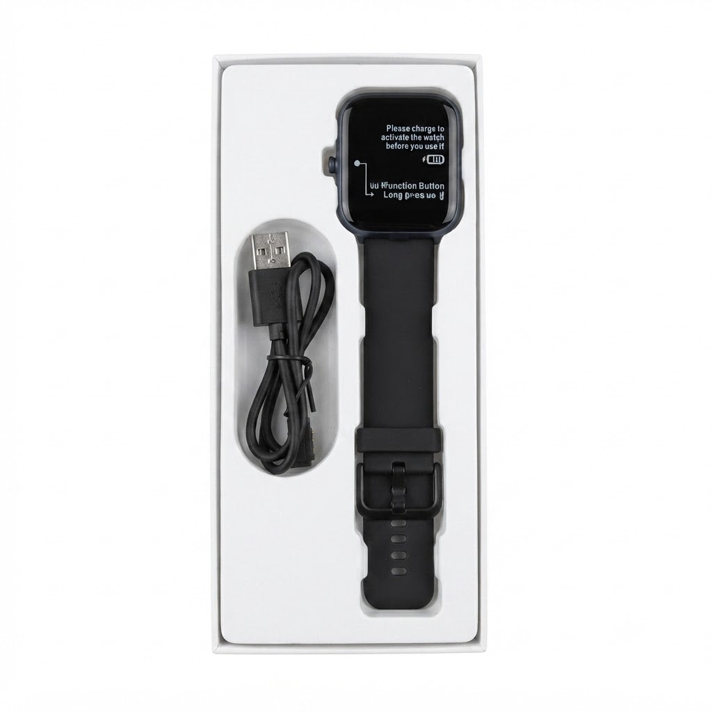 Reloj inteligente genérico de color negro con pantalla cuadrada.