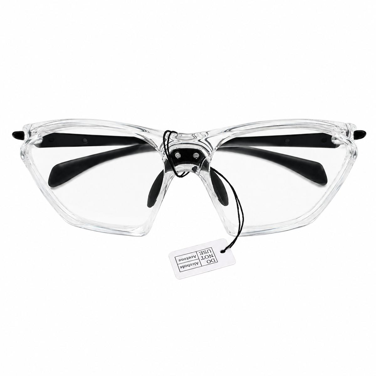 Gafas de seguridad transparentes con montura protectora y patillas negras.