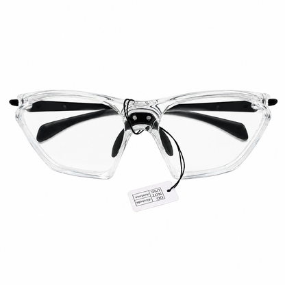Gafas de seguridad transparentes con montura protectora y patillas negras.