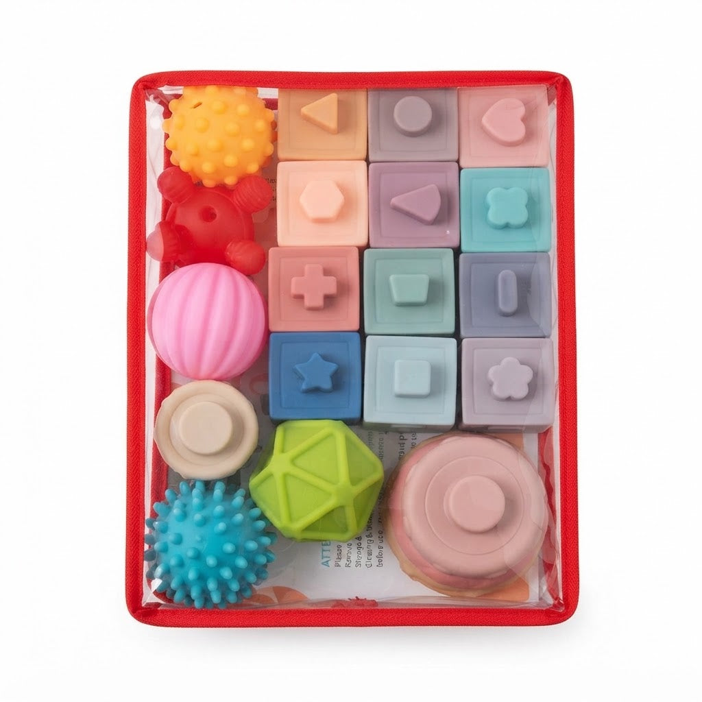 Paquete de juguetes sensoriales blandos 3 en 1 para bebés.