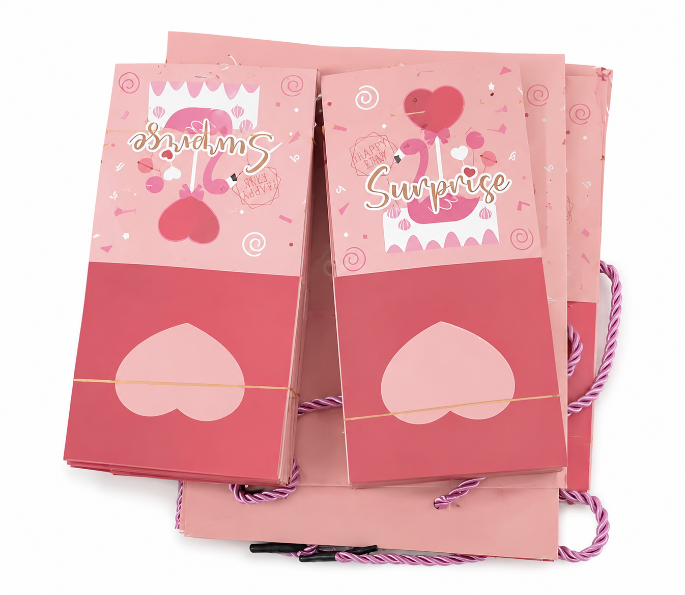 Set de bolsas de regalo con diseño de cumpleaños en color rosa y detalles de corazones.