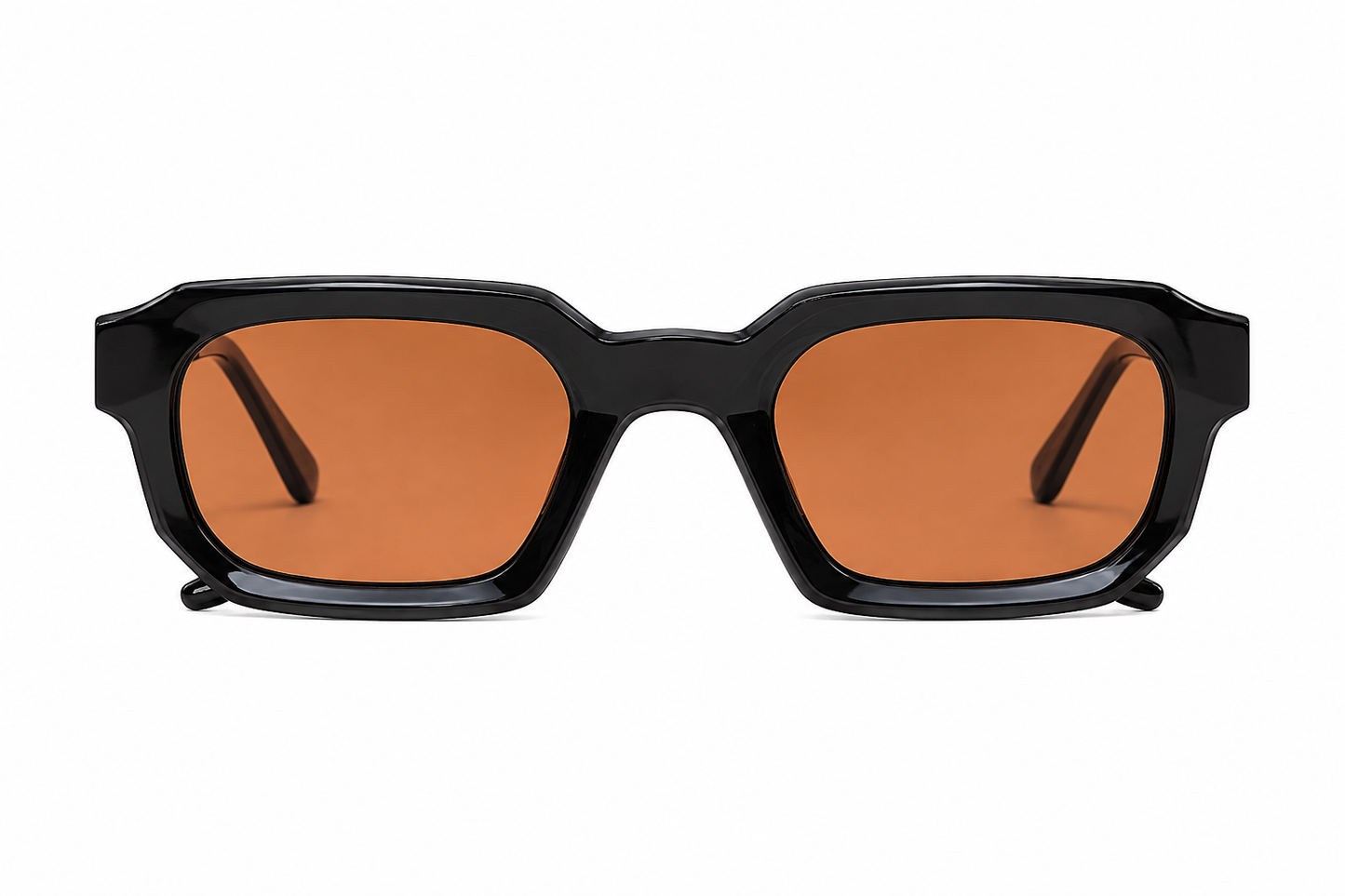 Gafas de sol rectangulares negras con lentes color ámbar.
