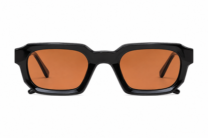 Gafas de sol rectangulares negras con lentes color ámbar.