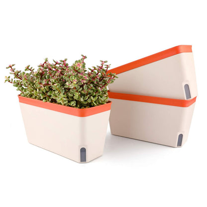 Maceta rectangular de autorriego para plantas de interior y exterior con indicador de nivel de agua.