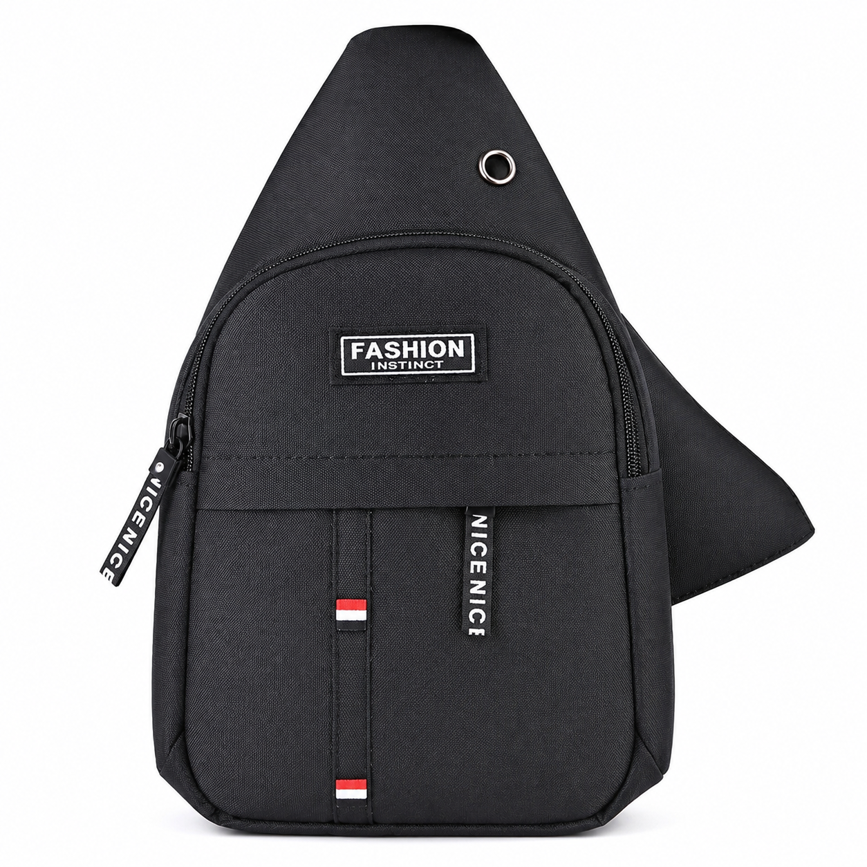 Mochila cruzada negra de un solo hombro con compartimento frontal.