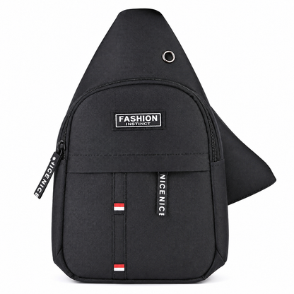 Mochila cruzada negra de un solo hombro con compartimento frontal.