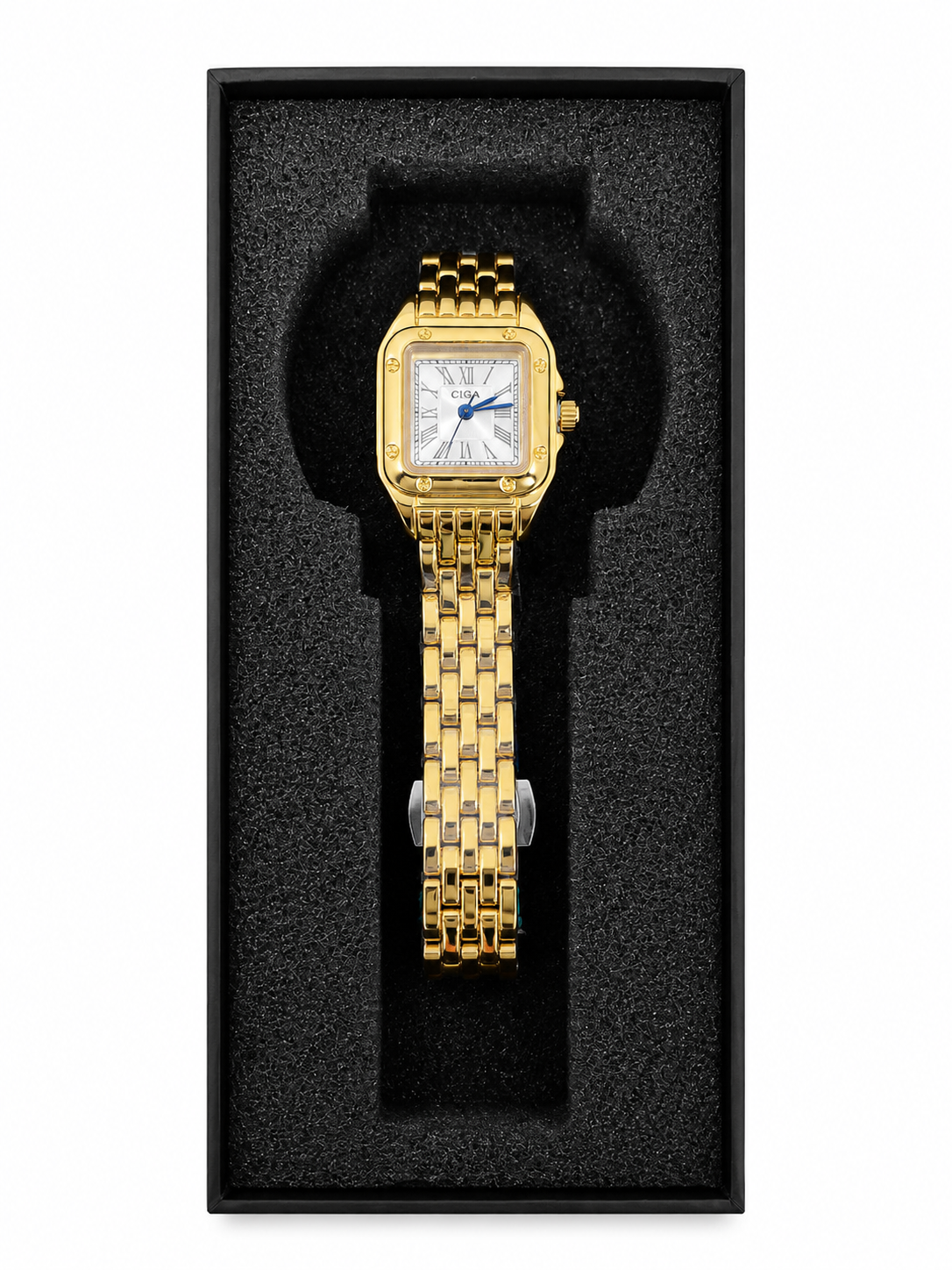 Reloj de Pulsera para Mujer con Caja Cuadrada Dorada, Esfera con Números Romanos y Correa Metálica de Acero Inoxidable.