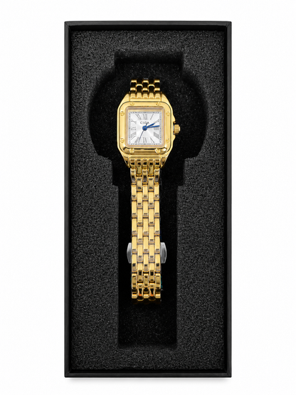 Reloj de Pulsera para Mujer con Caja Cuadrada Dorada, Esfera con Números Romanos y Correa Metálica de Acero Inoxidable.