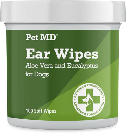 Frasco de 100 toallitas limpiadoras de oídos con Aloe Vera y Eucalipto para perros.
