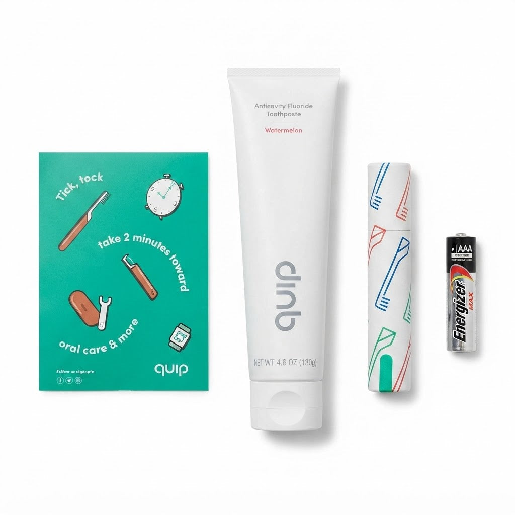Pasta de dientes quip con sabor a sandía contiene flúor anticavidad para proteger los dientes.
