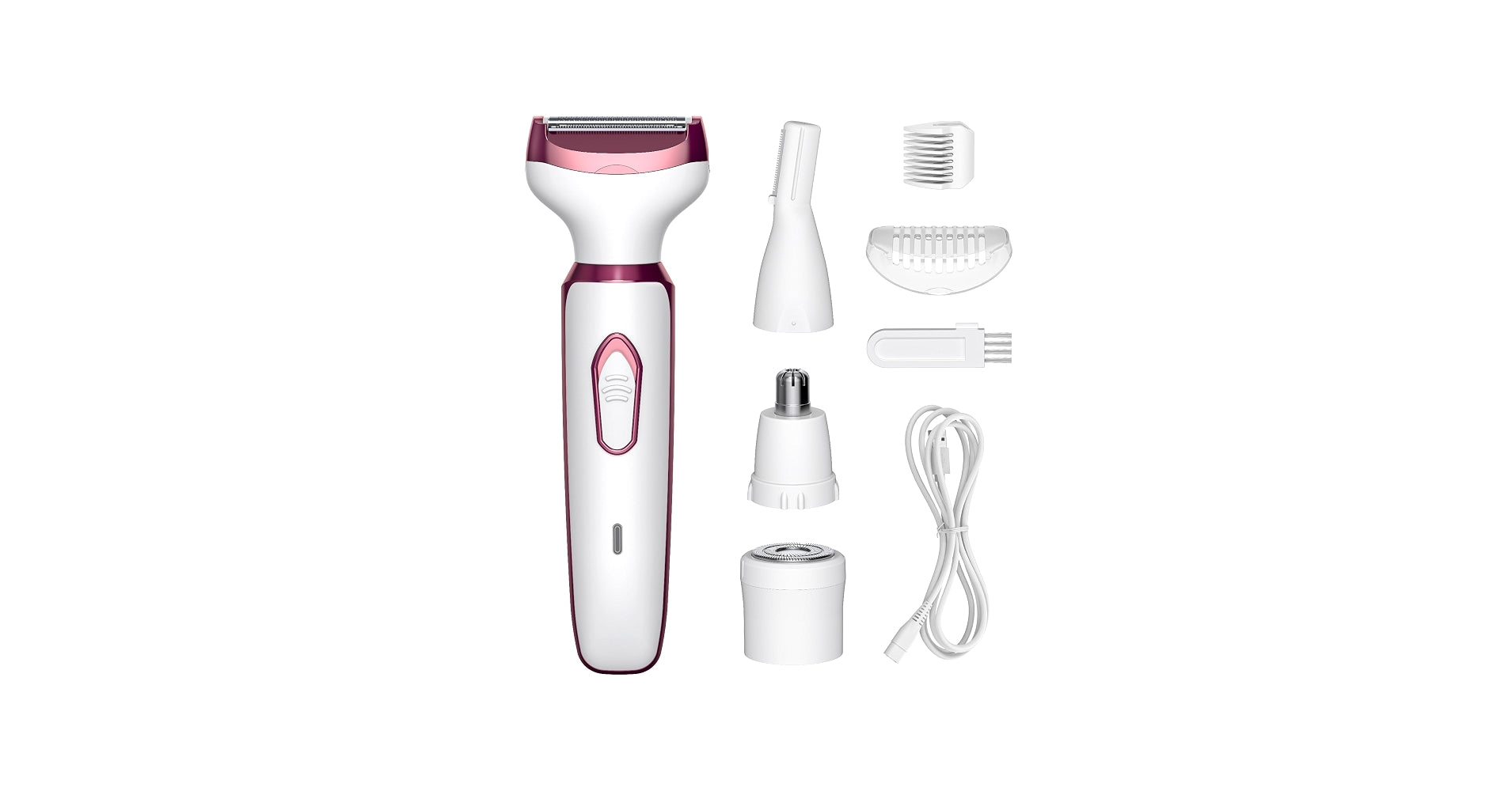 Kit de cuidado femenino 4 en 1 modelo RF-3028 presenta una afeitadora recargable por USb con detalles en color rosa.