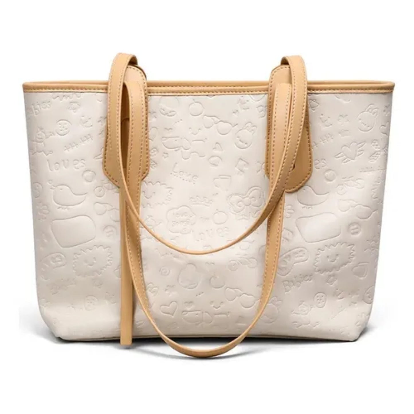 Bolso tote beige con asas marrón claro y diseño en relieve.