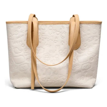 Bolso tote beige con asas marrón claro y diseño en relieve.