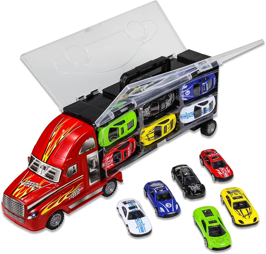 Set de juguete que incluye un camión transportador y 6 coches deportivos de aleación.