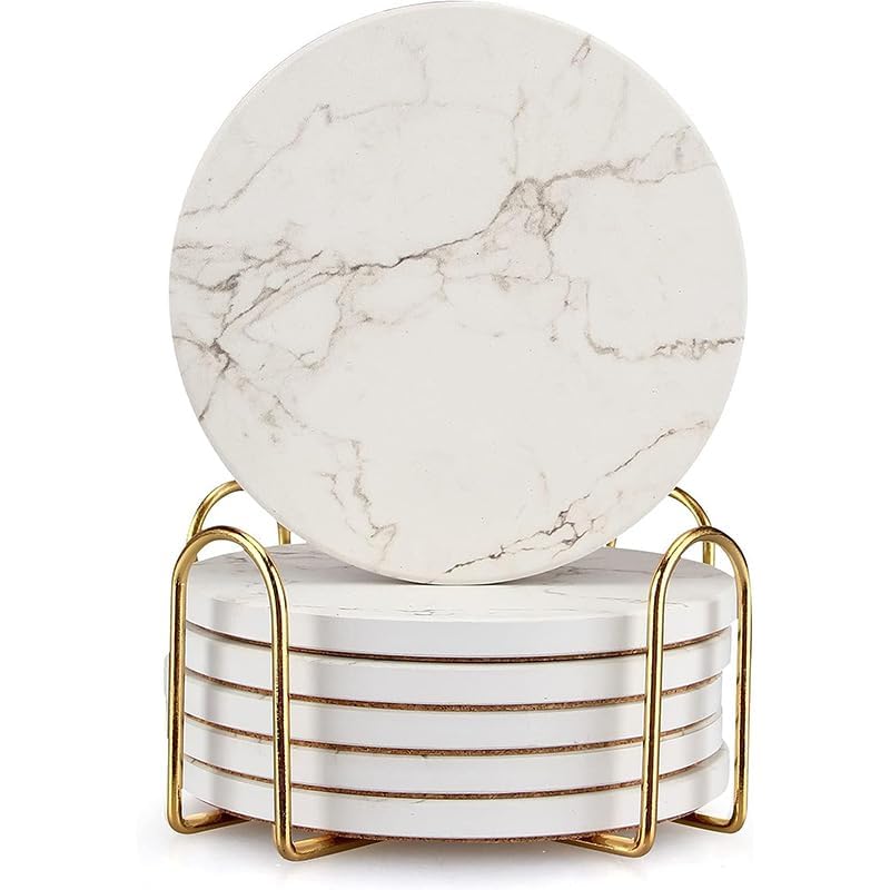Juego de 6 posavasos de cerámica con diseño de mármol blanco incluye un soporte de metal dorado para almacenamiento.