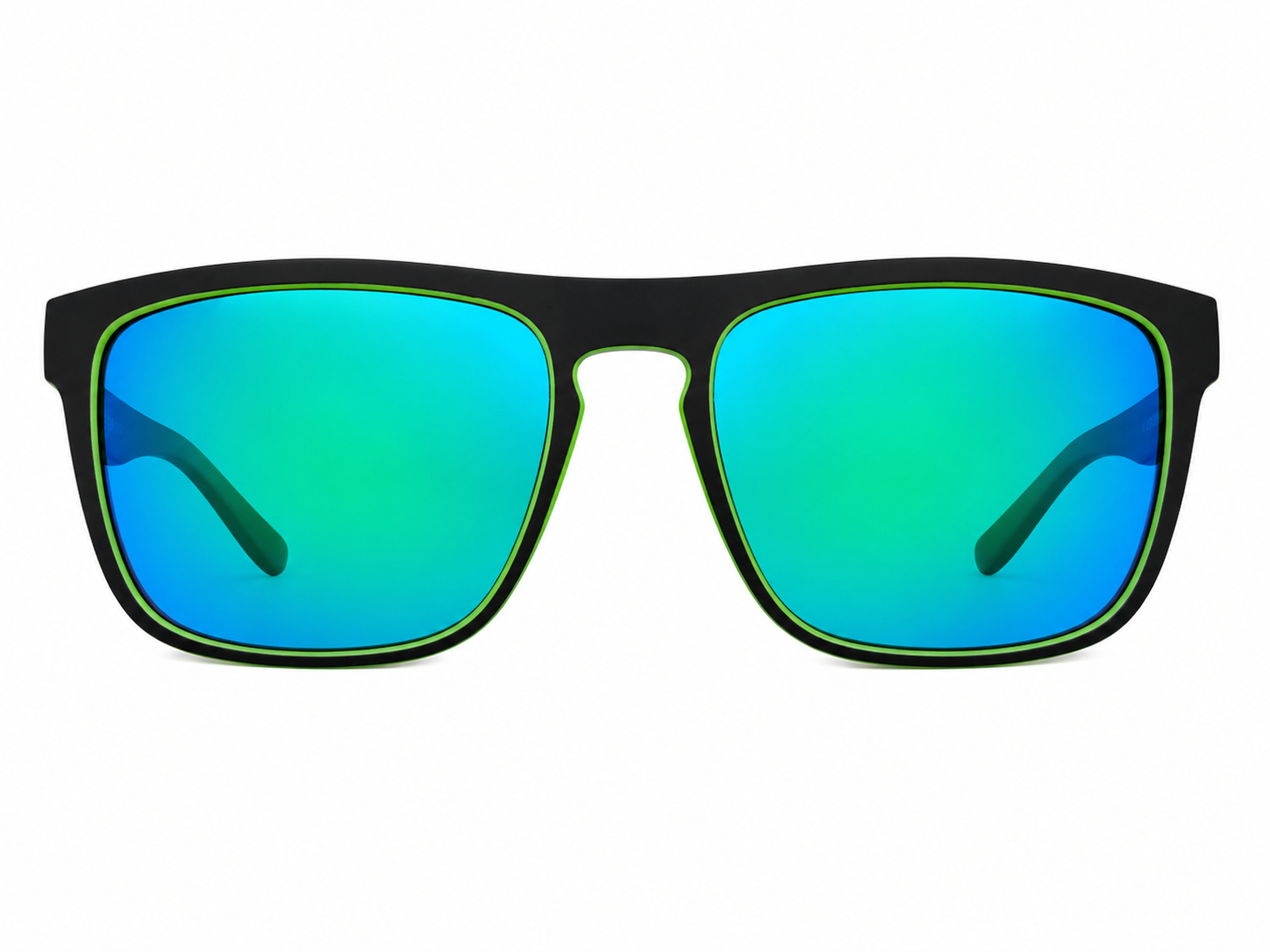 Gafas de sol rectangulares con montura negra y lentes espejo verde azulado.