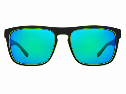 Gafas de sol rectangulares con montura negra y lentes espejo verde azulado.