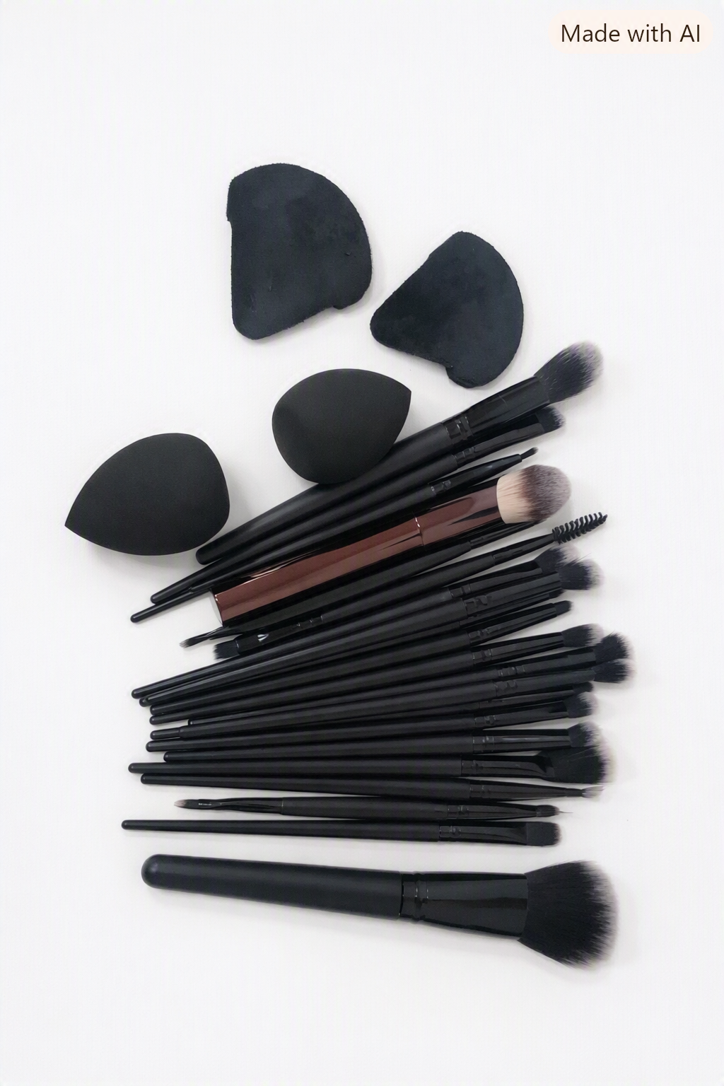 Herramientas de maquillaje negro con brochas y esponjas es ideal para la aplicación precisa de polvos, bases y sombras.