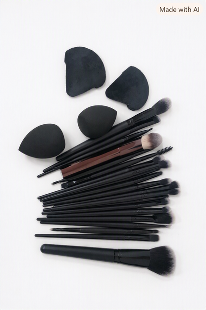 Herramientas de maquillaje negro con brochas y esponjas es ideal para la aplicación precisa de polvos, bases y sombras.