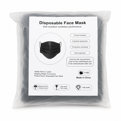 Paquete de 100 mascarillas desechables negras de 3 capas con elásticos para uso diario.