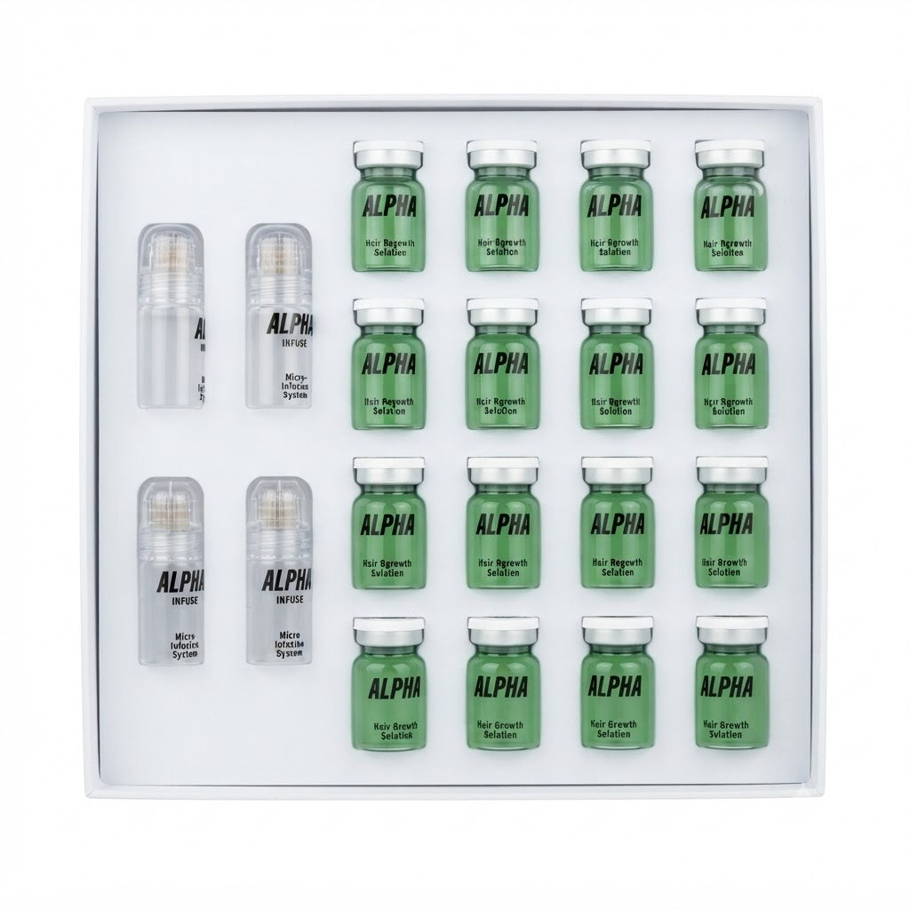 Kit diseñado para el crecimiento del cabello que incluye botellas de sérum y dispositivos de microagujas.