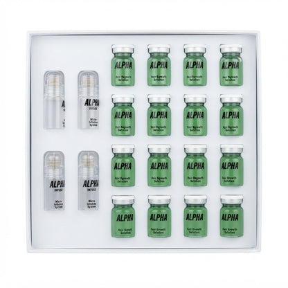 Kit diseñado para el crecimiento del cabello que incluye botellas de sérum y dispositivos de microagujas.