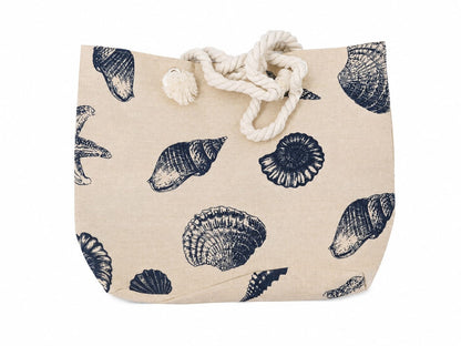 Bolso de Playa de Lona con Estampado de Conchas Marinas y Asas de Cuerda.