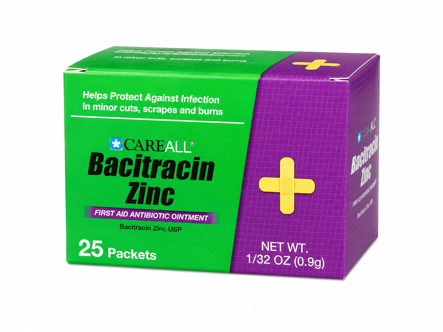 Pomada antibiótica de primeros auxilios con bacitracina zinc en sobres individuales de 25 unidades.