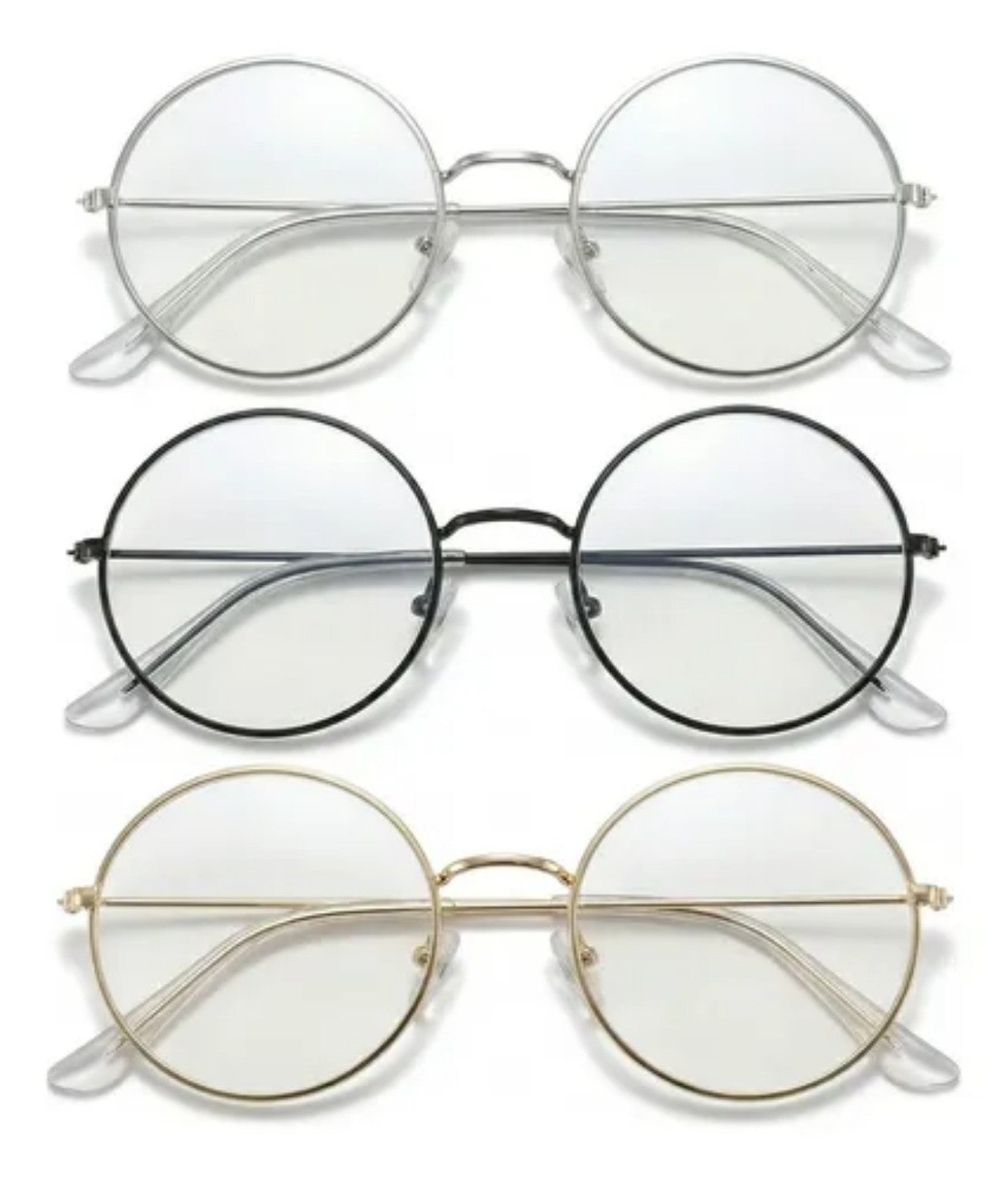 Set de 3 lentes redondas con montura metálica en colores plateado, negro y dorado.