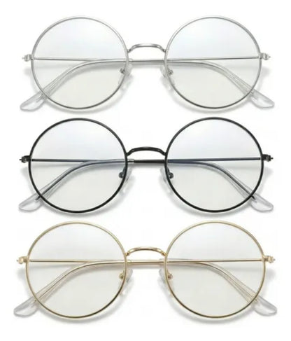 Set de 3 lentes redondas con montura metálica en colores plateado, negro y dorado.