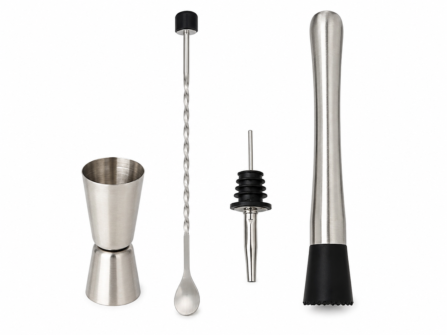 Kit de accesorios para coctelería de acero inoxidable con medidor, cuchara mezcladora, vertedor y mortero.