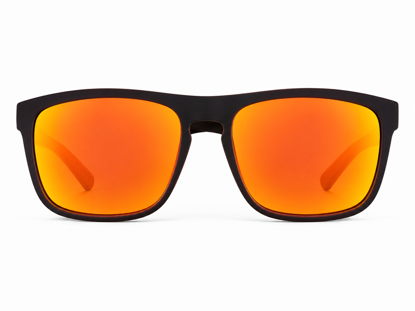 Gafas de sol rectangulares con montura negra y lentes espejo color naranja.